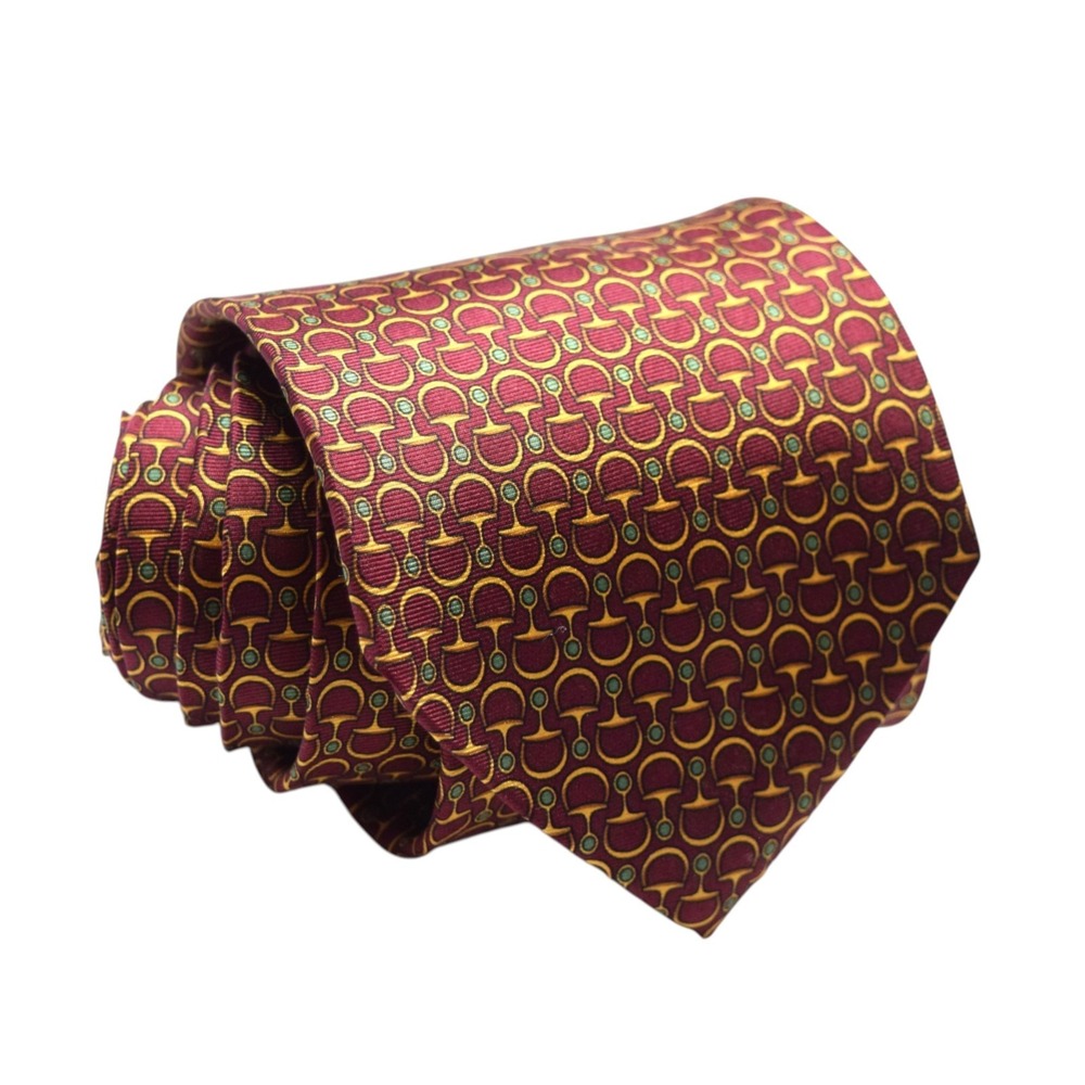 Vintage 90s Brooks Brothers BFS Silk Tie Horsebit Equestrian Maroon Gold Green
